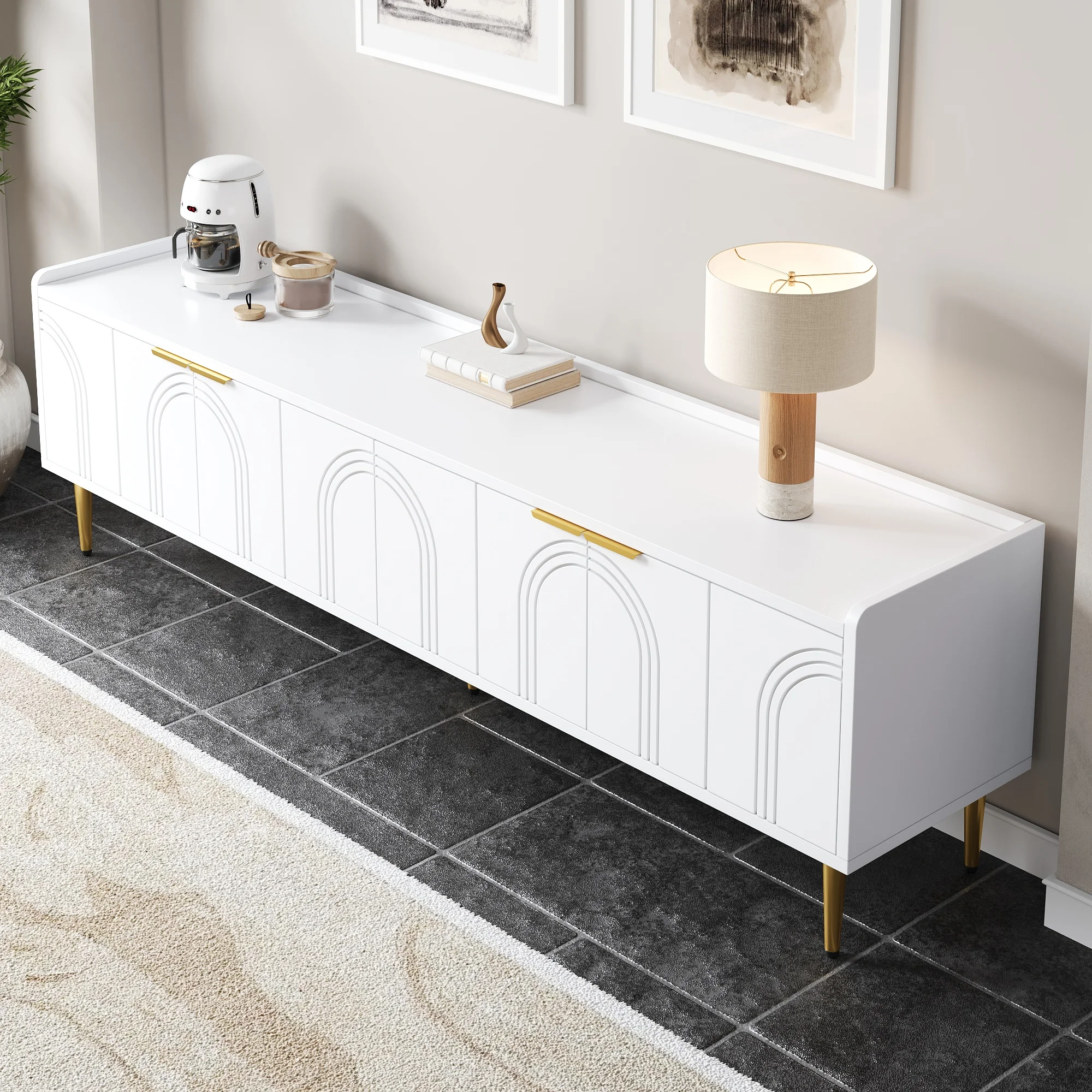 TV-Schrank, Lowboard mit strukturierter Tür, TV-Möbel, goldene Griffe und goldene Füße, 170 l x 35 B x 47,5 H (cm) – Detail 10