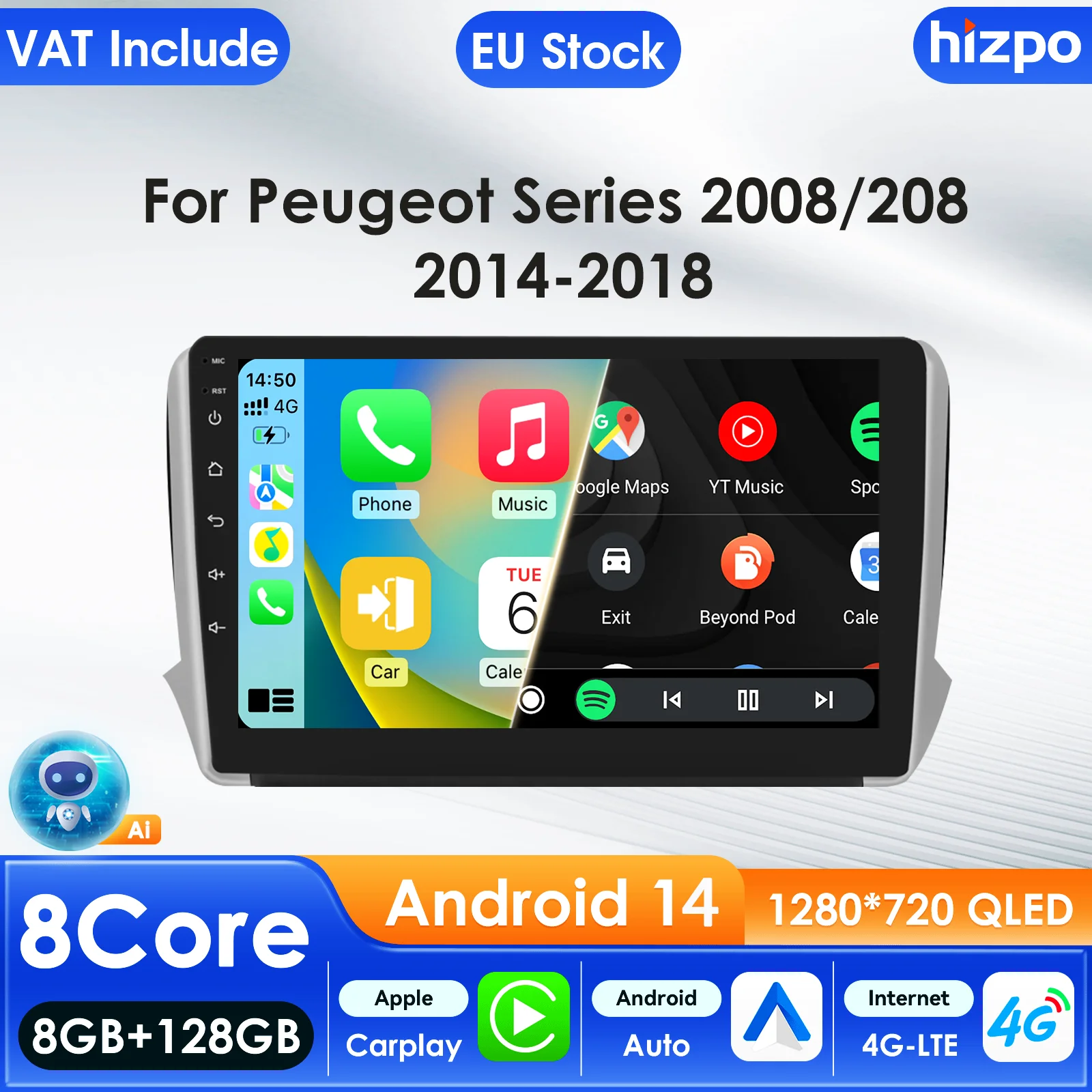 Hizpo Autoradio Carplay 4G 8581 AI Systeme Android Autoradio für Peugeot 208 2008 Serie 2012-2018 Multimedia Video Player GPS