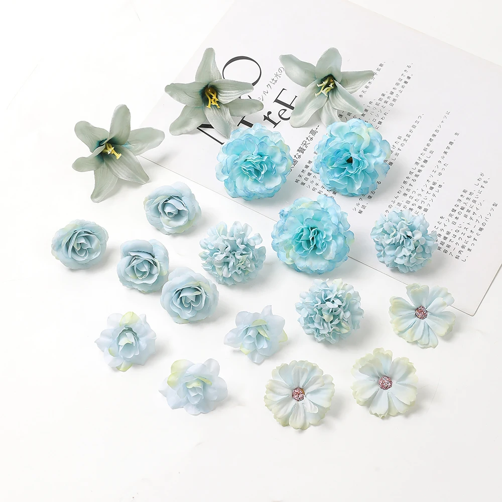 10 Stück Mix blaue künstliche Blumenköpfe DIY Party Hochzeitstorte Geschenkbox Kränze Home Room Decor Garten Handwerk Rose Lilie Blumen – Detail 2