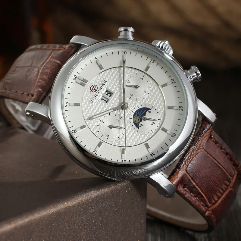Forsining Orologi da uomo meccanici retrò Tourbillon Moon Phase orologio da polso