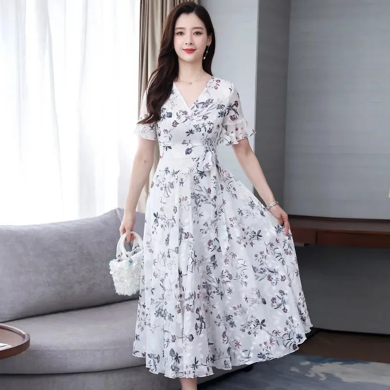 Elegante Abito Midi Floreale da Donna, Nuovo Modello Estivo con Maniche a Campana, Gonna Super Fairy, Vestibilità Slim, Vita Alta, Trendy, Maniche Lunghe, Stile Street - Image 3