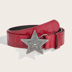 Retro Red Gothic Punk Belt with Five - Pointed Star Buckle in PU Leather (Wine Red)