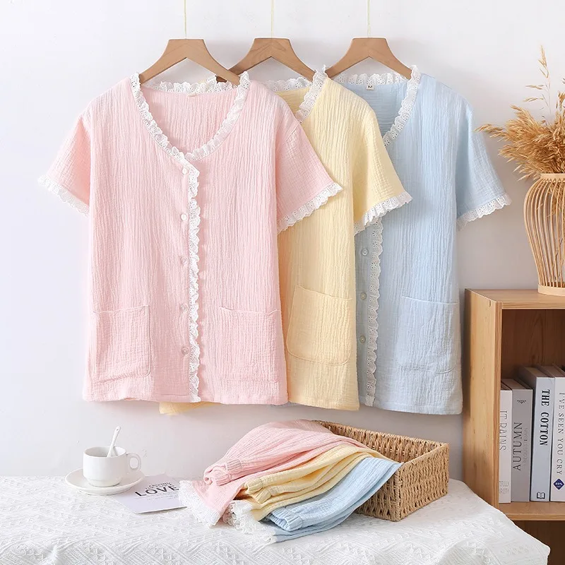 

2023 Spring/Summer New Women's Pajama Set 100% Cotton Short Sleeve+Capris Two Piece Set for Cute Lace V-neck Home Loungewear