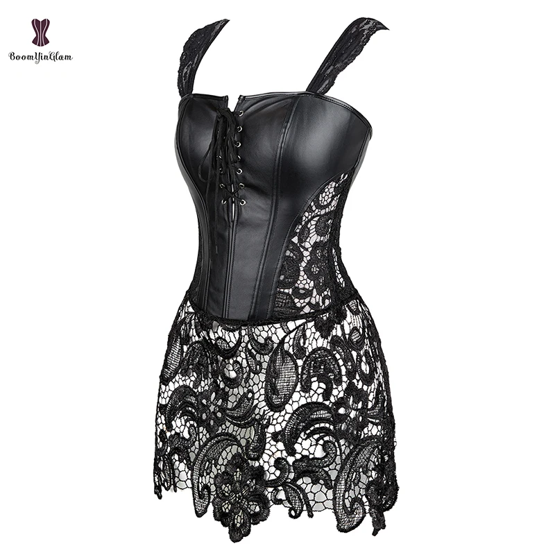 Corset Dress With Laciness Skirt Plus Size 6XL Steampunk Bustier Black Red Brown Corselet Faux Leather Outwear Dress Bone Korset