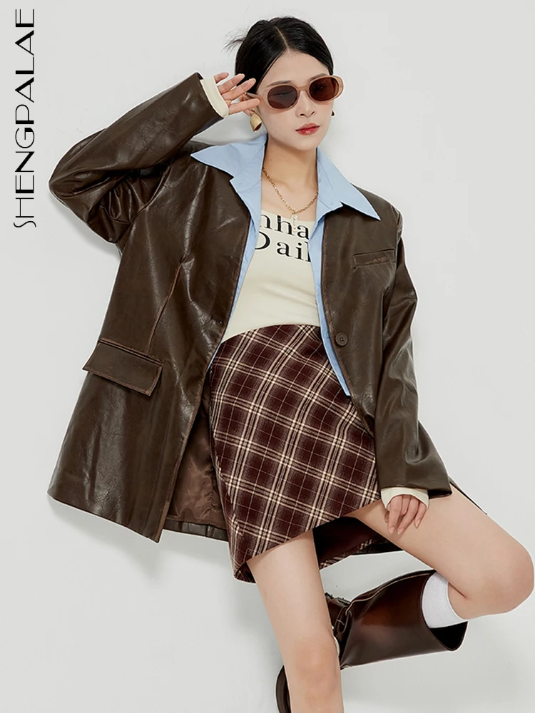 

SHENGPALAE Autumn 2023 New Leather Jacket For Women Vintage Texture Versatile Female Single Breasted Brown Quilted Coat 5R6941