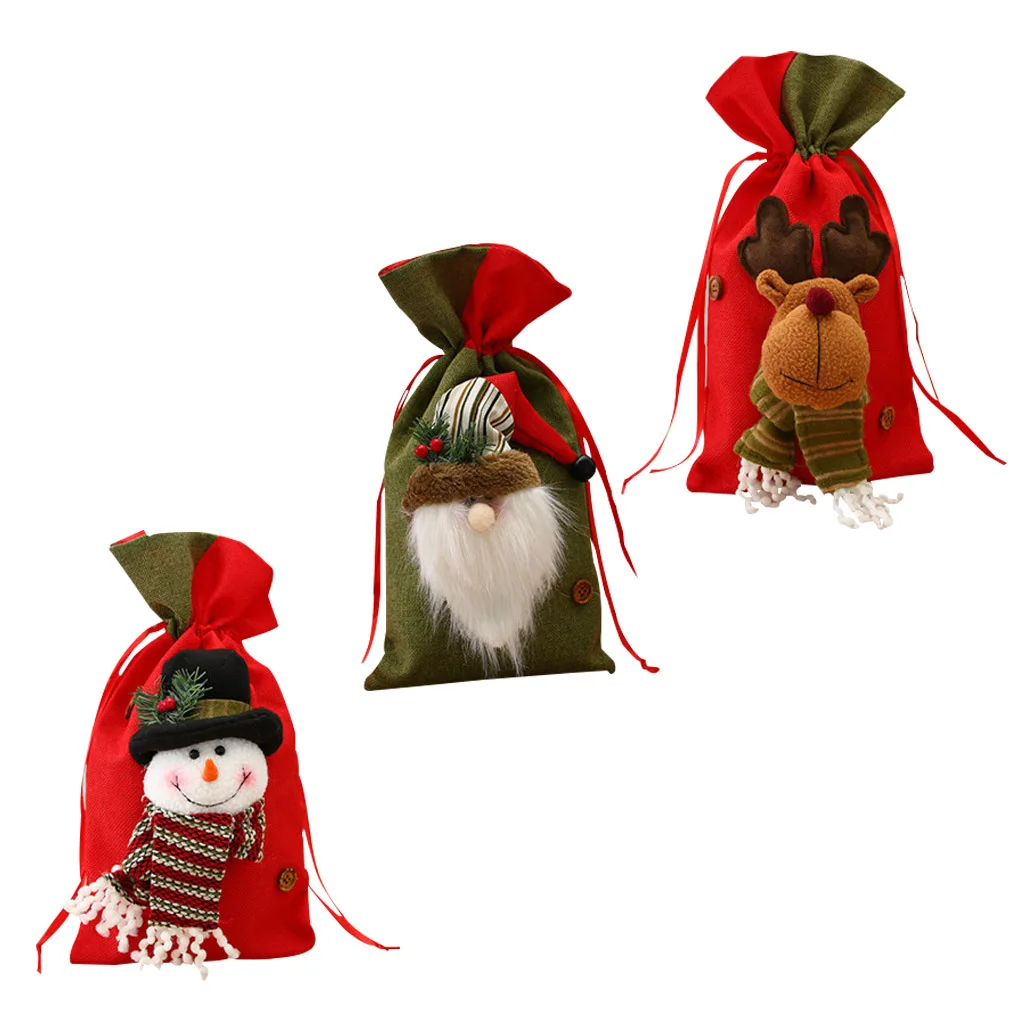 

3pcs Christmas Santa Sacks Bag with Drawstring Linen Xmas Gift Wrap Present Storage Bag