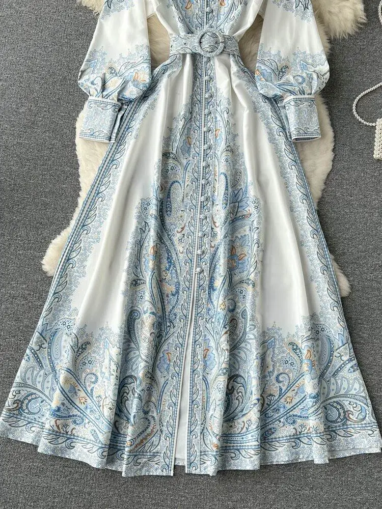 Nuevo vestido de fiesta vintage para mujer, moda de manga larga, botonadura sencilla, cuello alto, elegante, estampado, vestidos largos, primavera y otoño.