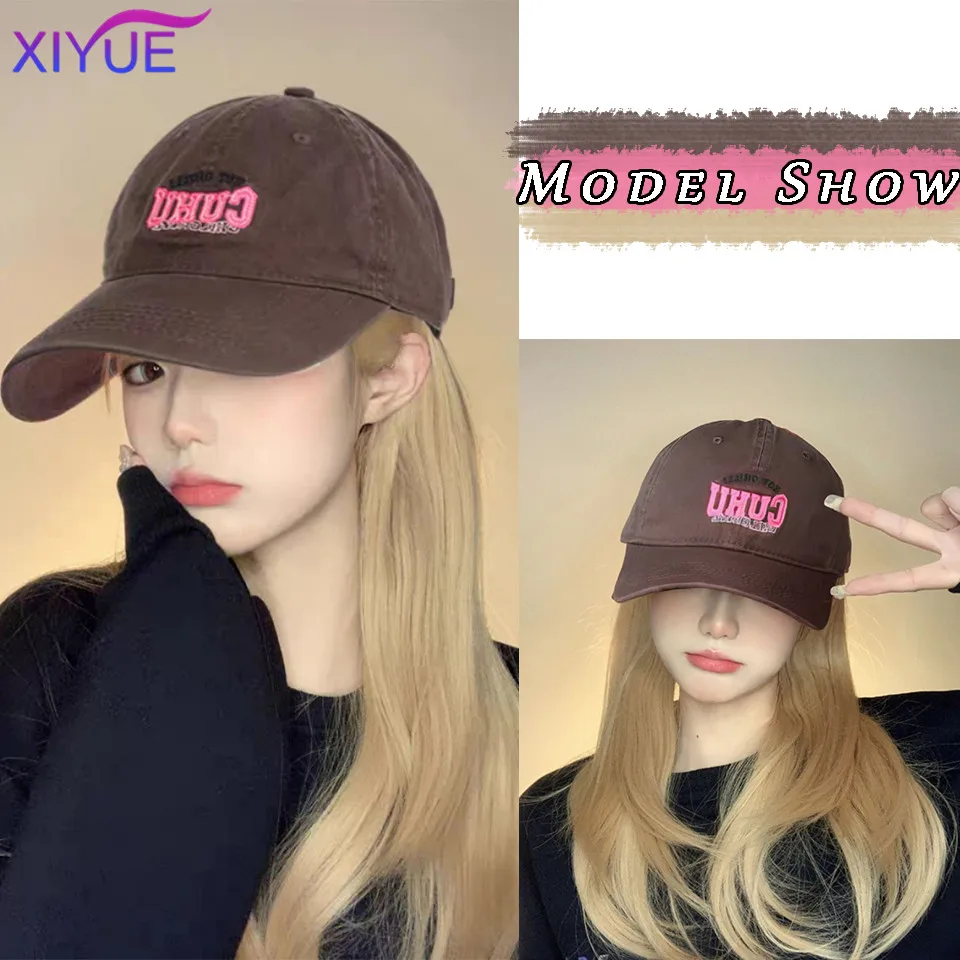 XIYUE  Girls' New Hat Collar Hair One Piece Full Head Cover Style Mesh Red White Gold Women's Baseball Hat Long Straight Hair