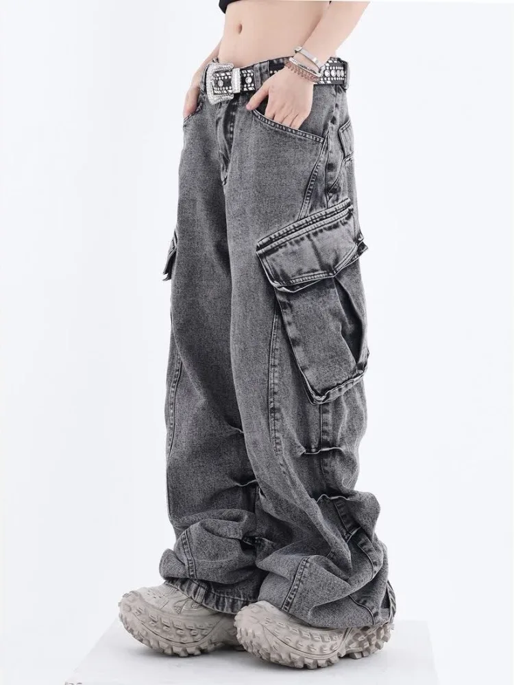 HOUZHOU Grunge Cargo Jeans Women Wide Baggy Jeans High Street Vintage Oversize Denim Pants Distressed Trousers Multi Pockets new men s jeans y2k retro casual hip hop street trousers korean fashion trend workwear large pockets versatile men s clothing