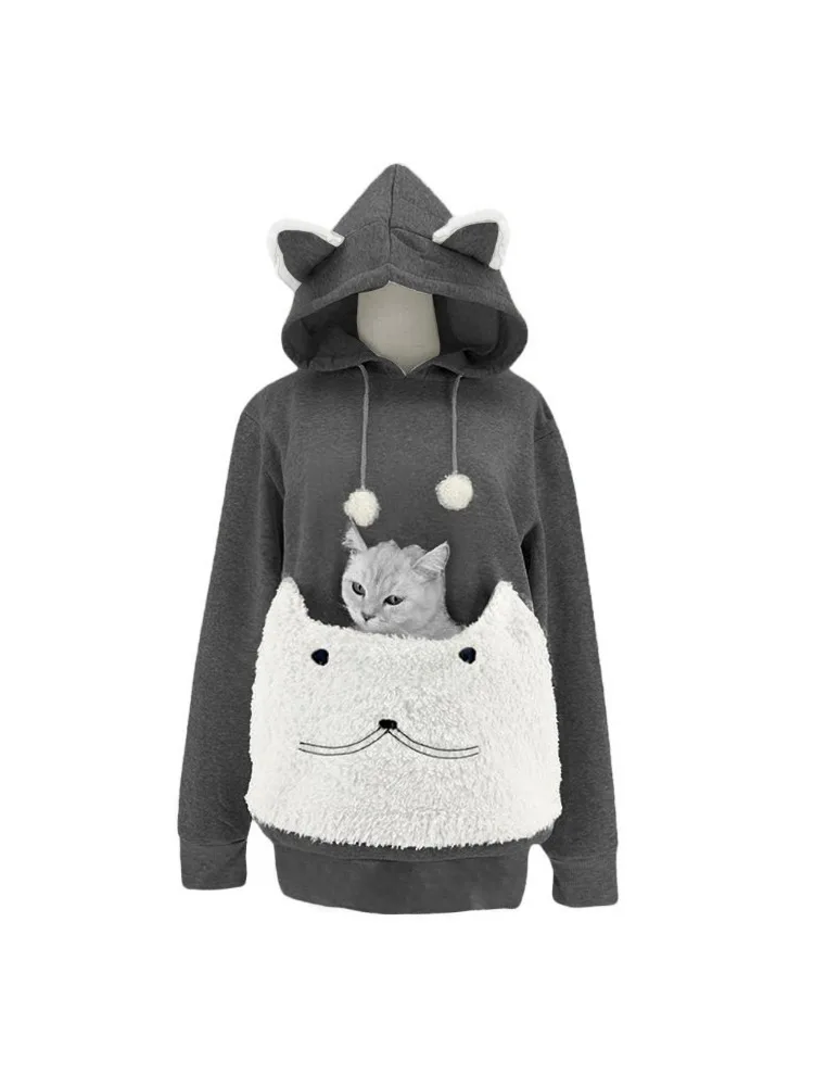 

2023 Pet Hoodies Womens Sweatshirts Big Animal Pouch Kawaii Cat Ear Fur Ball Long Sleeve Hooded Girls Pullover Female Tops