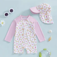 Tregren-Maillot de bain à manches longues pour fille, imprimé floral/flamant rose, demi-fermeture éclair, protection anti-éruption avec chapeau de soleil, vêtements de plage pour bébé 2