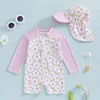 Tregren Toddler Girl Long Sleeve Swimsuit Floral/Flamingo Print Half Zipper Rash Guard Swimwear with Sun Hat Infant Beachwear 2