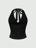 Haut court dos nu à col en v pour femmes, couleur unie, col licou, Sexy, Y2K, sans manches, froncé, Streetwear, été 2