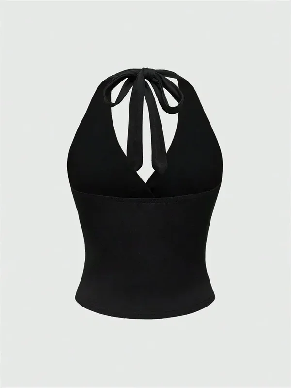 Solid V-neck Backless Halter Crop Sexy Y2K Sleeveless Ruched Streetwear