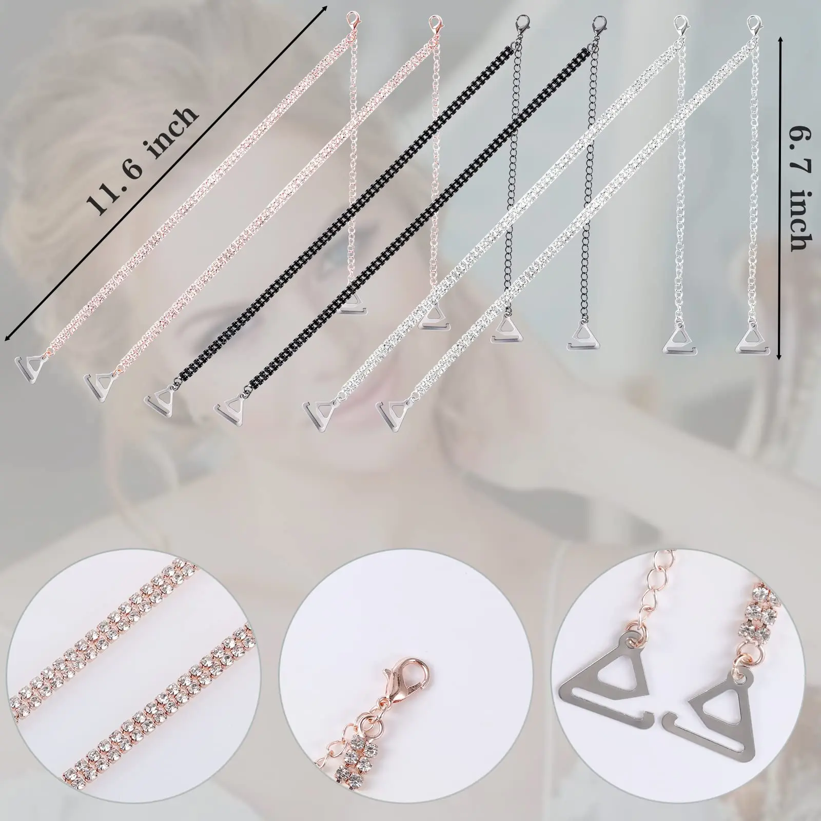 2 Paia Spalline Reggiseno Con Strass - Regolabili, Antiscivolo, Per Abiti Scollati - Nero E Argento - Foto 5