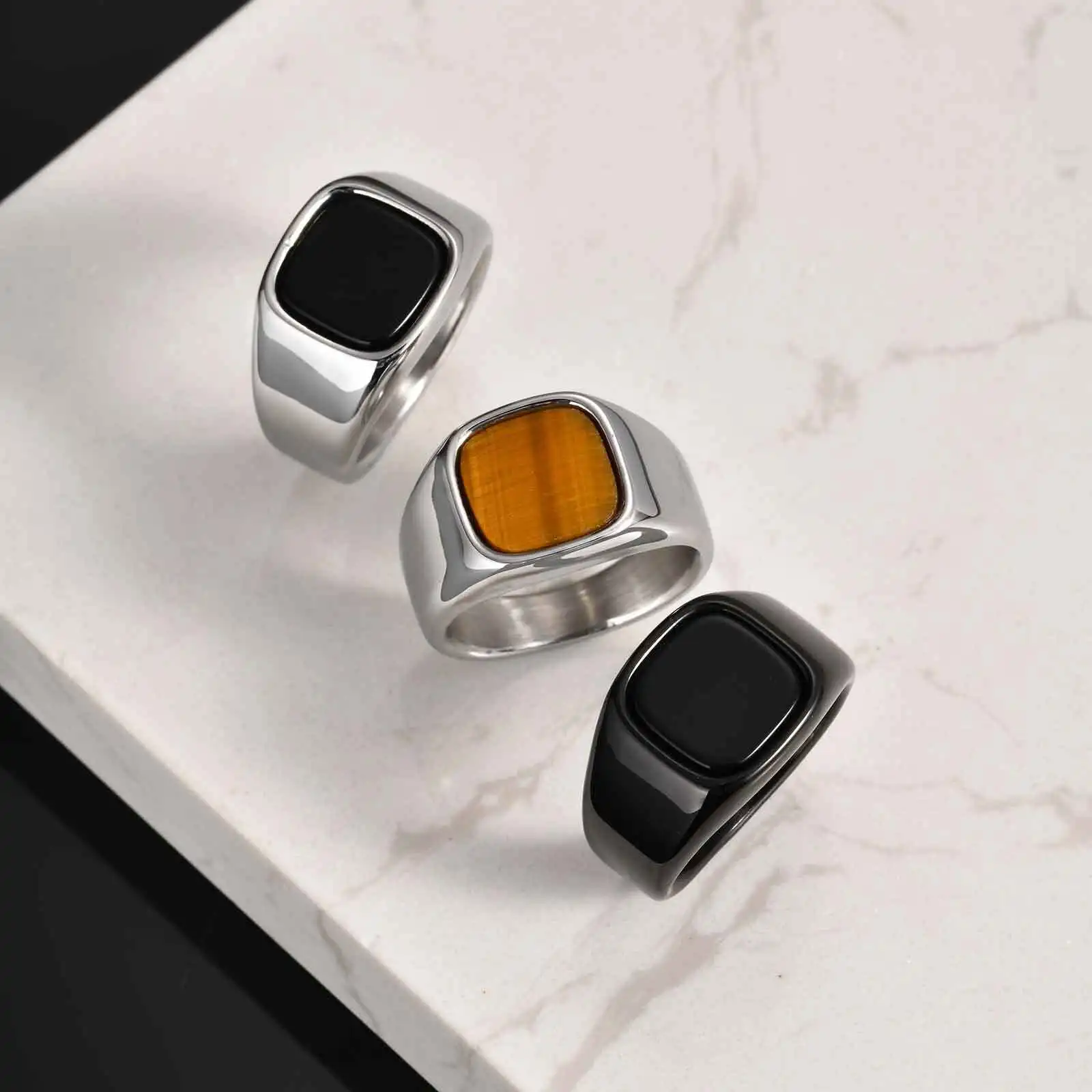 Punk Men's Square Ring,Stylish Waterproof Stainless Steel Ring,Glass Stone Tiger Eye Natural Stone Stamp Ring Thumb Ring Gift