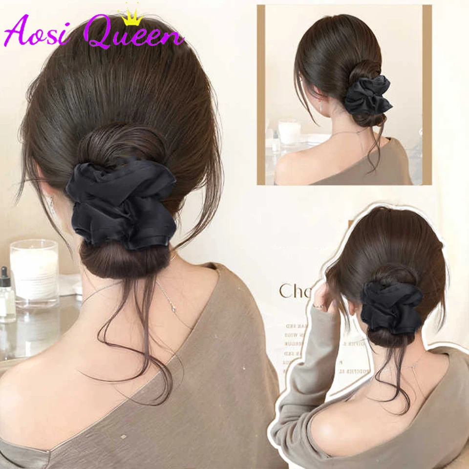 AOSIQUEEN 합성 새틴 헤어 타이 클로 클립 포니테일 헤어 익스텐션 푹신한 곱슬머리 여성용 데일리 헤어