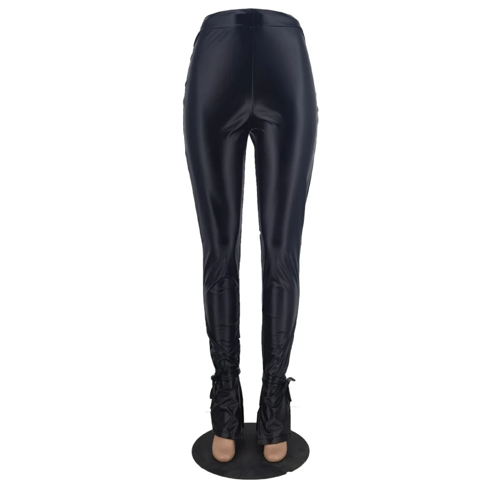 BKLD Autumn And Winter Women Clothing Bottom Solid Color Leather Pants Fashion Split Hem Lace-Up Bodycon High Waist Trousers