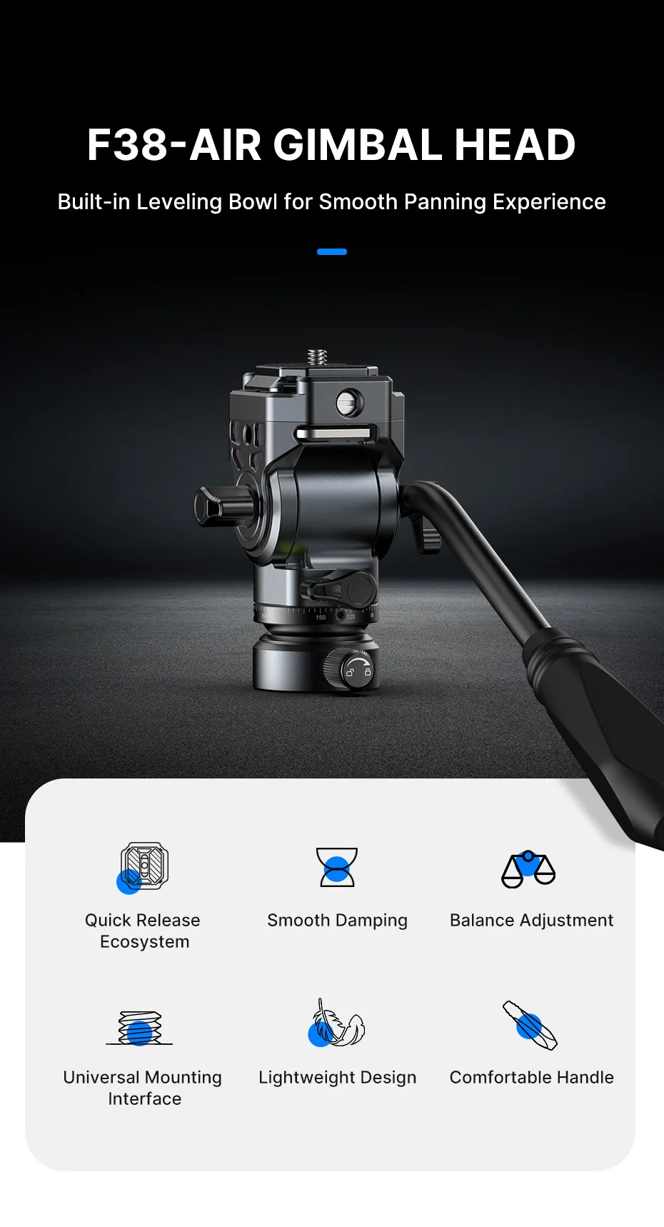 EH12 F38 Quick Release Fluid Video Head 360° Panoramic Gimbal Head Tilt -90° +55