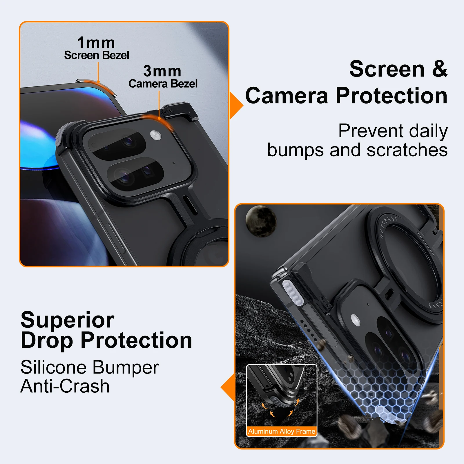 Eary for Google Pixel 9 Pro XL Fold Metal Phone Case With 360° Rotatable Magnetic Kickstand Frameless Bumper Shockproof Covers