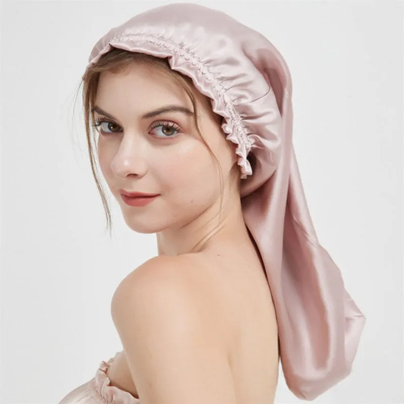 100% Mulberry Silk Sleep Cap for Long Hair Bonnet with Soft Elastic Band for Woman Hair Care 2