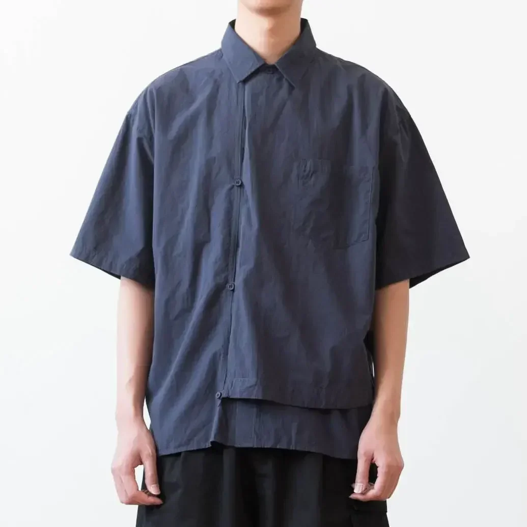 Summer Fashion Dark Blue Creative Placket Short Sleeved Shirt Traditional Tang Blouse Men Casual Loose Tops Online Chinese Store