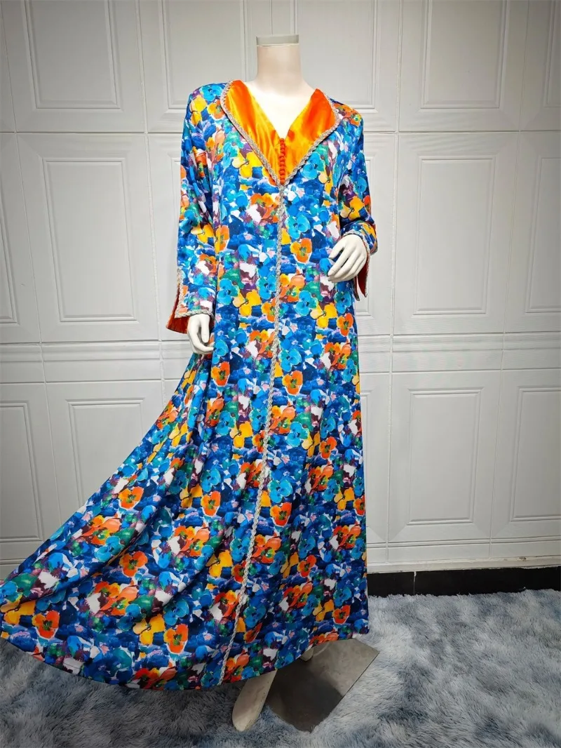 Fashion Dubai Abaya Diamonds Floral Print Tape Trim Full Sleeve V-Neck Casual Loose Arab Long Dress Woman