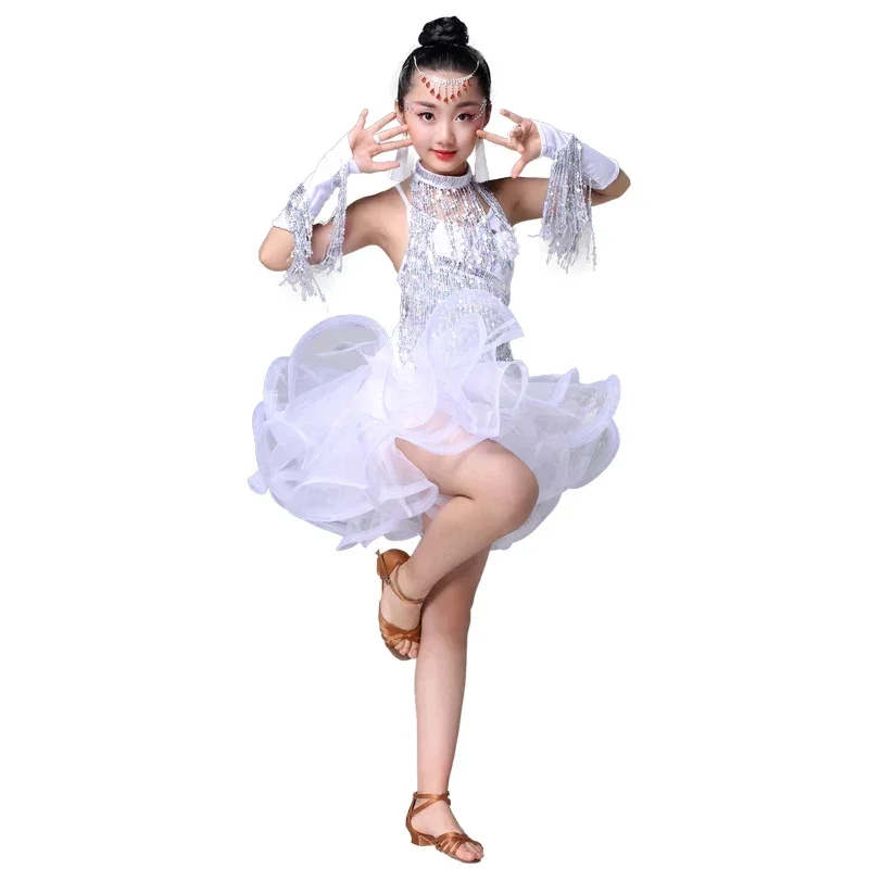 Children's Latin Dance Costumes Children's Latin Skirt Sequins Performing Competition Costume Girls Salsa Dancing Tassel Dress