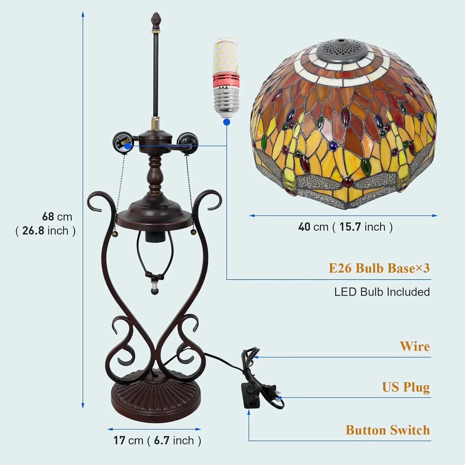Tiffany Lamp Stained Glass Inches Beautiful Dragonfly Style Large Table Desk Light Bedroom Living Room Home Office