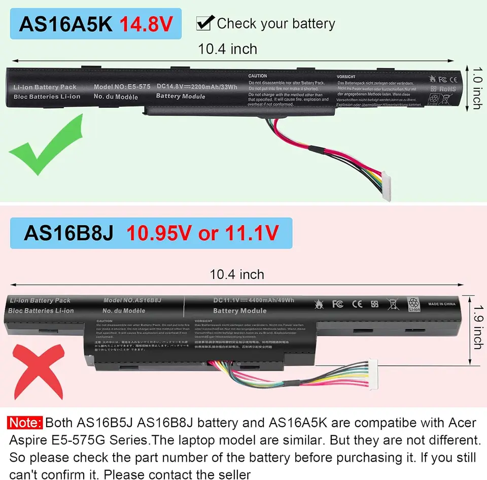 Laptopaccu voor AS16A5K AS16A7K AS16A8K, voor Acer Aspire E15 E5-575 E5-575G E5-575T E5-575TG E5-553 E5-553G F15 F5-573G F5-5733G-52M 7 F5-573G-574E E17 E5-774 E5-774G E5-575T, 14,8V 2600mAh/38,48Wh