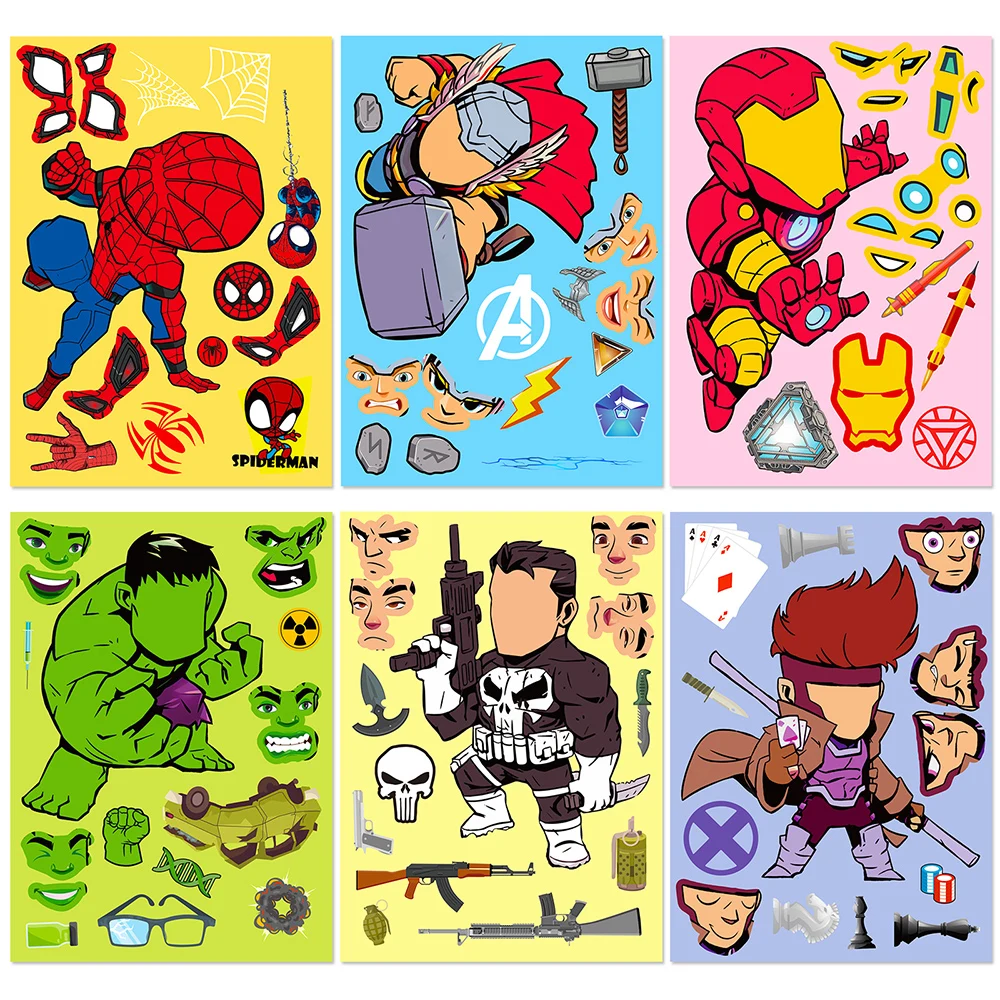 6/12 Sheets Disney Marvel The Avengers Puzzle Stickers Game DIY Assemble Jigsaw Cartoon Make a Face Decals Toys Party Decoration 24pcs marvel theme iron man captain america deadpool birthday water bottle wraps labels stickers happy birthday party decoration