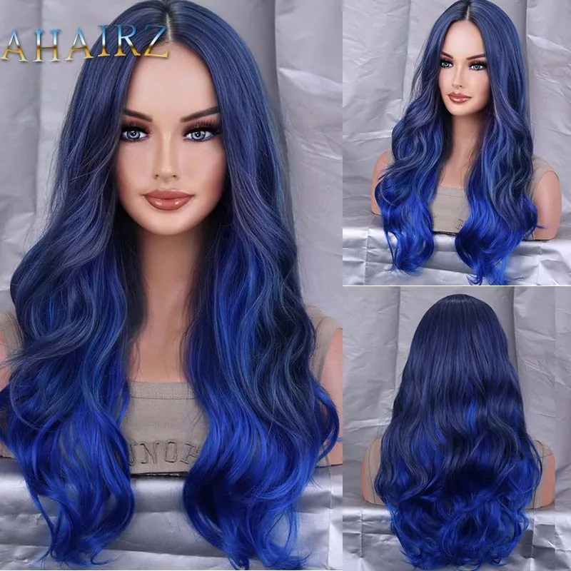 Synthetic Wig Long Wave Ombre Dark Blue Wigs for Women Daily Cosplay Lolita Halloween Party Natural Hair Heat Resistant