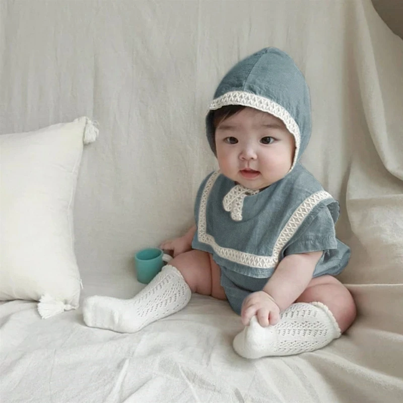 

Baby Clothes Turn-down Collar Infant Baodysuit Solid Korean Toddler Outfits with Hat