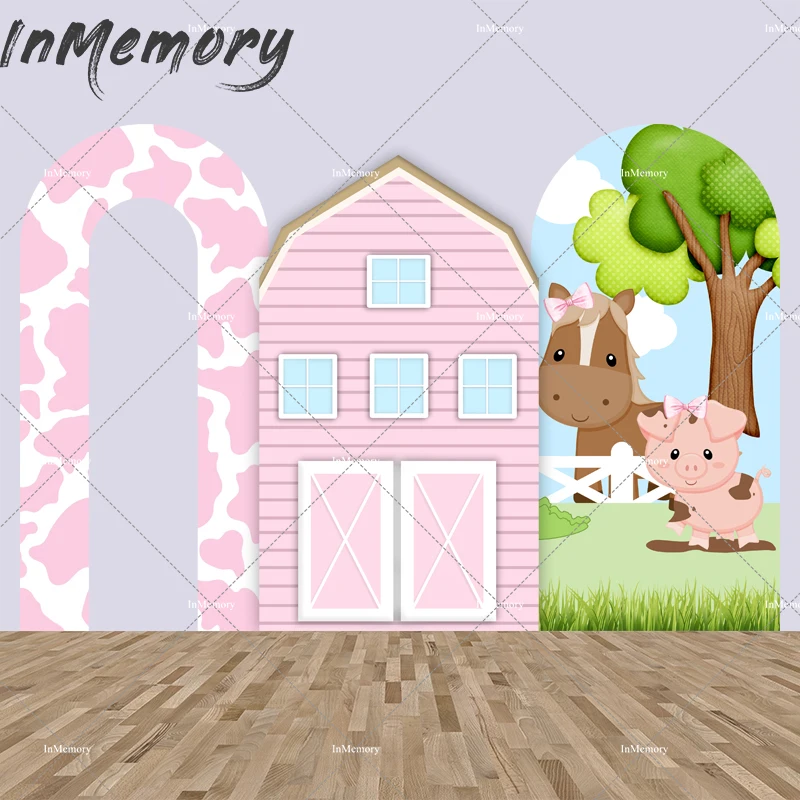 Parede Aberta Vaca Impressão do Bebê Aniversário Fundo dos Desenhos Animados Animais Rosa Celeiro Casa Arco Chiara Backdrops Banner Photobooth