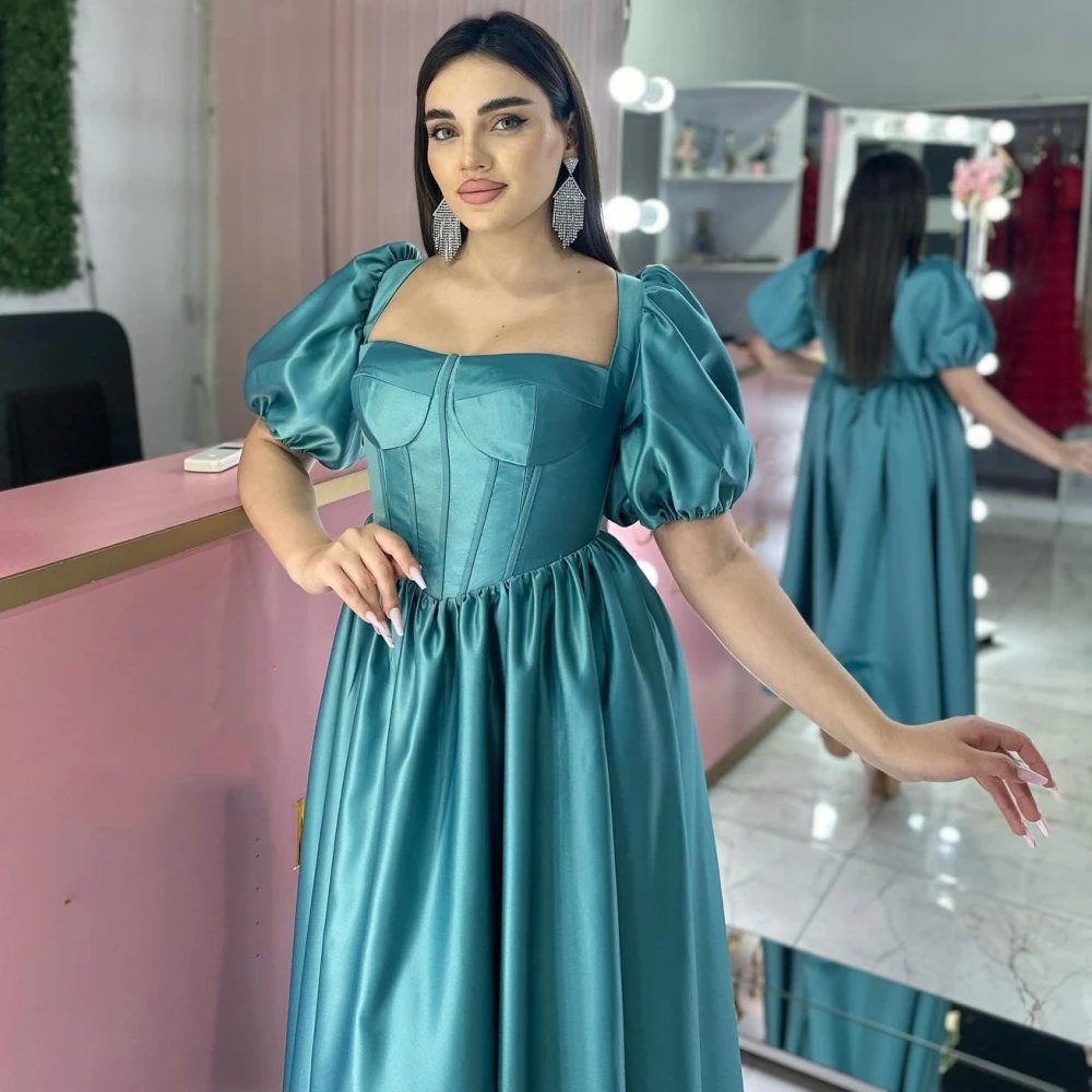 Evening  Sexy Casual  Satin Pleat Draped Wedding Party A-line Square Neck Bespoke Occasion Gown Midi Dresses