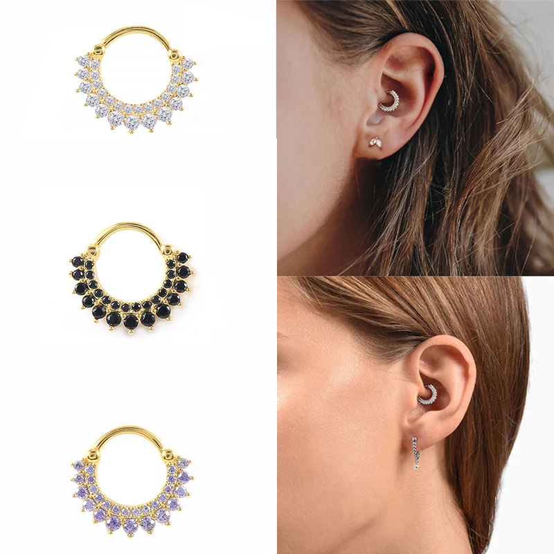 ROXI 925 Sterling Silver Crystals Earrings Hoops For Women Round Nose ring Puncture Cartilage Ear nail Earring Fine Jewelry Gift nose piercings