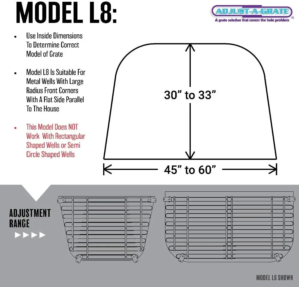 Well Grate-Model L8-Fits Metal Window Wells with Large Radius Front Corners (30"-33" D) x (45"-60" W)
