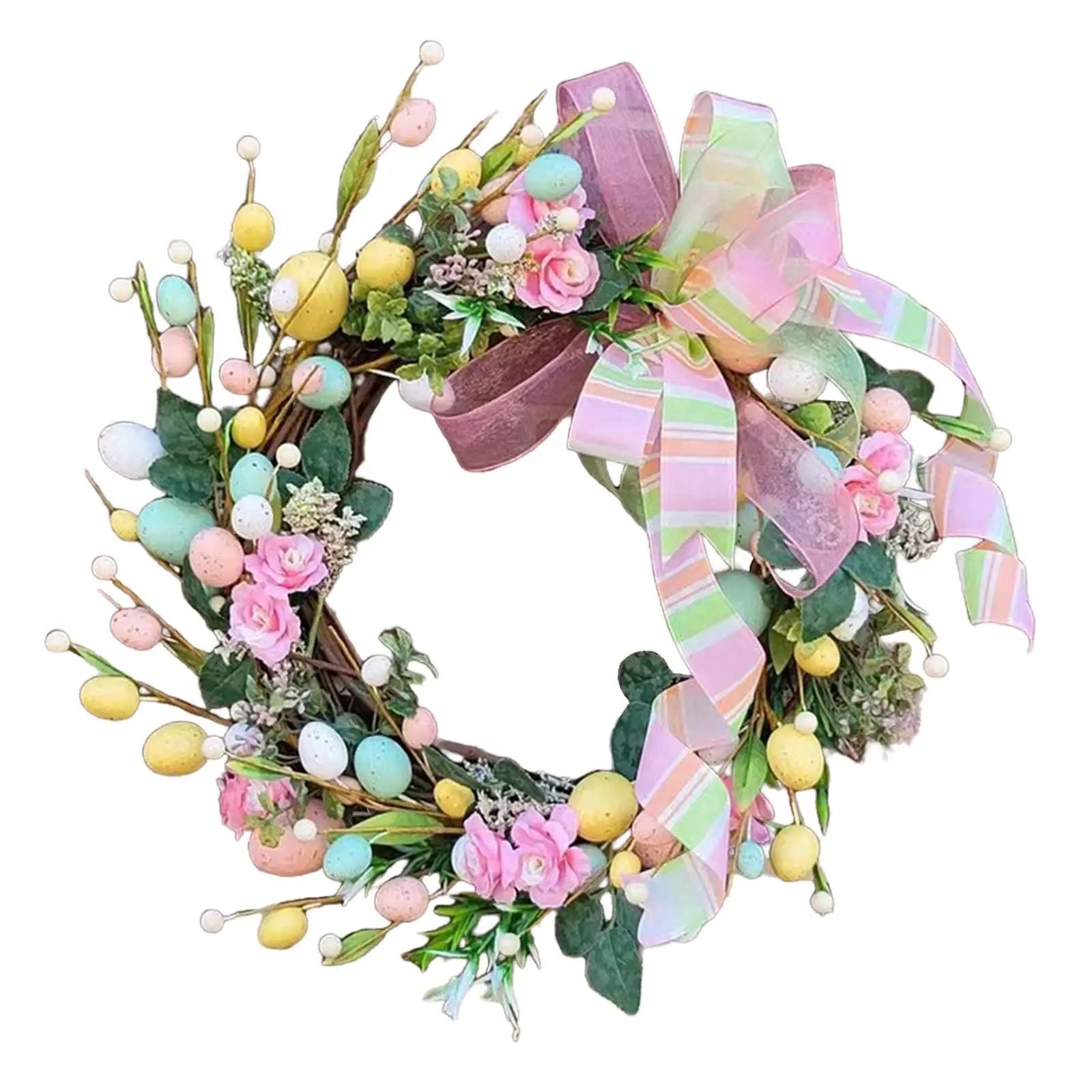 Artificial Easter Wreath for Front Door Green Leaves Decorative Wall Hanging Ornament for Festival Party Celebration Patio Home