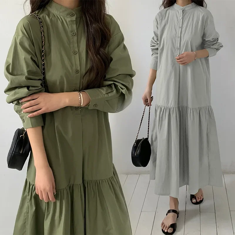 

Korean Fashion Loose Maxi Dress Long Sleeve Button Ruffles White Shirt Dress Women 2023 Autumn Clothes Streetwear