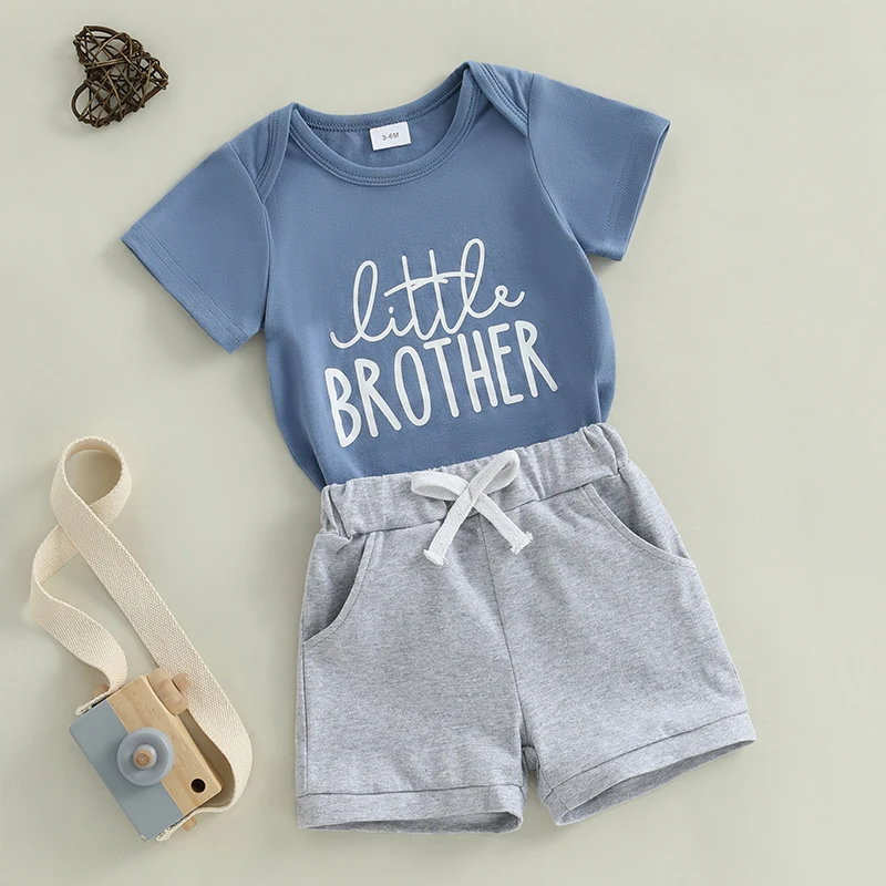 Set di pantaloncini estivi per neonato da 0 a 6 mesi, pagliaccetto con stampa di lettere a maniche corte e set di pantaloncini in tinta unita 4