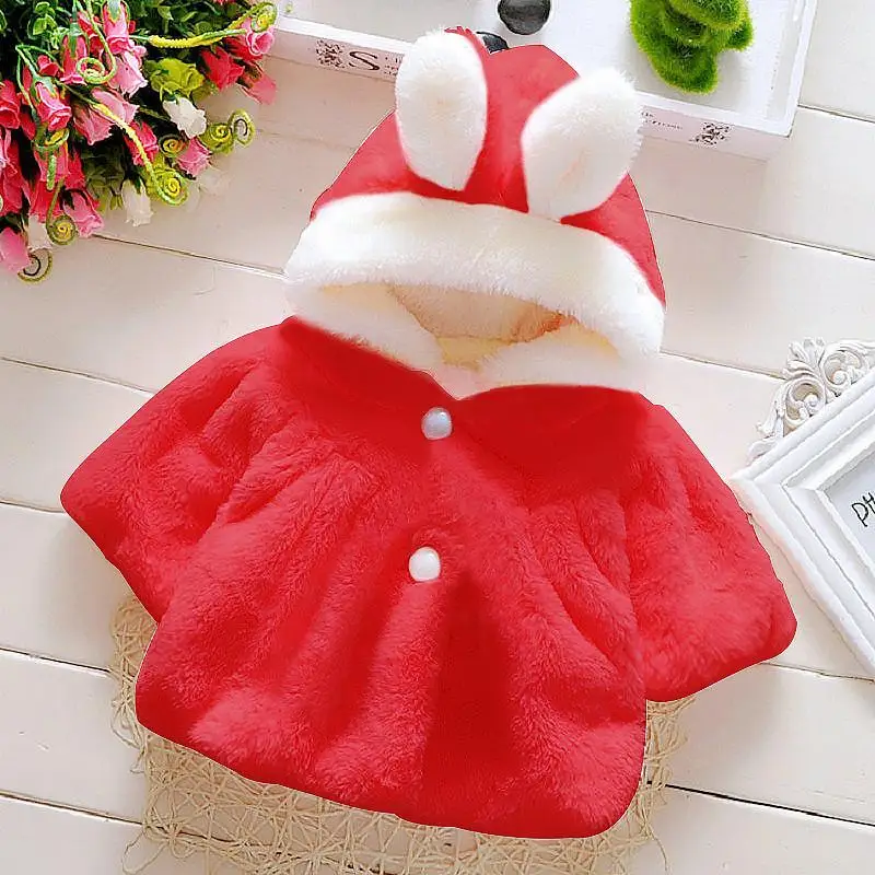 0-3 Year Old Girl's Winter New Color Blocked Rabbit Ear Hooded Cartoon Cute Windproof Warm Fashion Cloak Jacket
