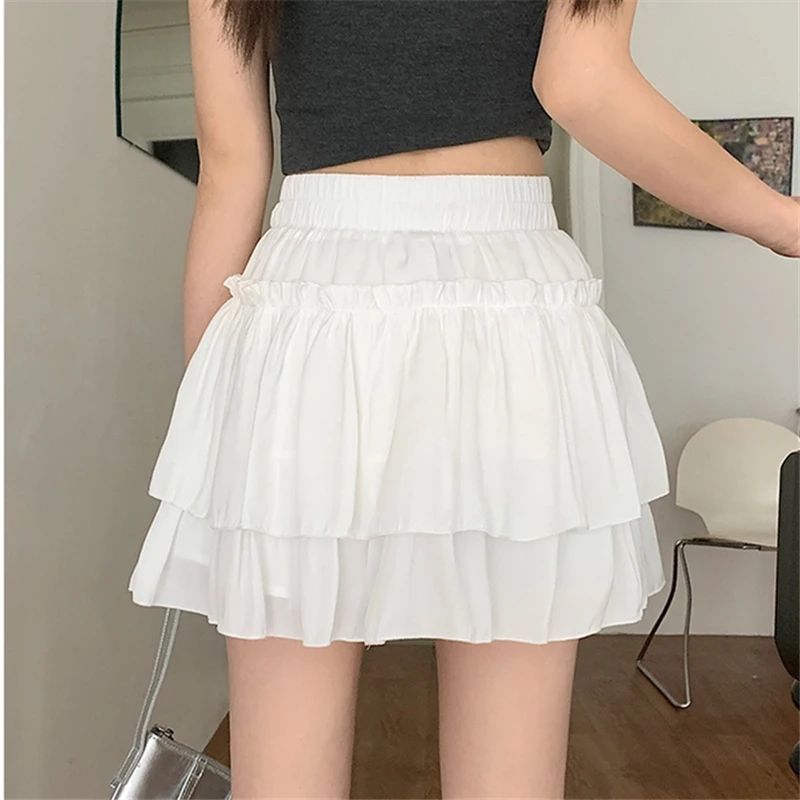 Summer Kawaii White Ruflles Skirt Women Fashion Slim Fit Chiffon Mini Skirts Giris Y2k All Match Elastic High Waist Black Faldas 3