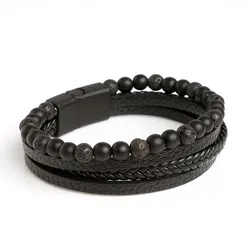 Men's Classic Multi - Layer Leather Bracelet with Tiger Eye Beads - Fashionable Jewelry Gift - 20cm (Lava)