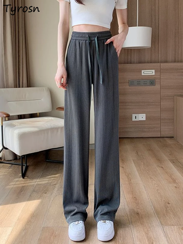 

Pants Women Summer Straight Simple Solid Design Folds All-match High Waist Tender Cozy Elegant Students XS-5XL Classic Ulzzang