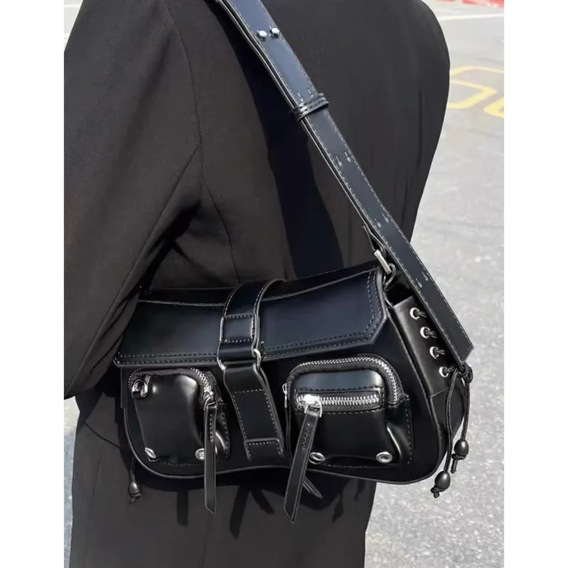 Vintage PU Leather Black Handbags Punk Harajuku Underarm Shoulder Bags Trend Multiple Pockets Zipper Crossbosy Bags For Women