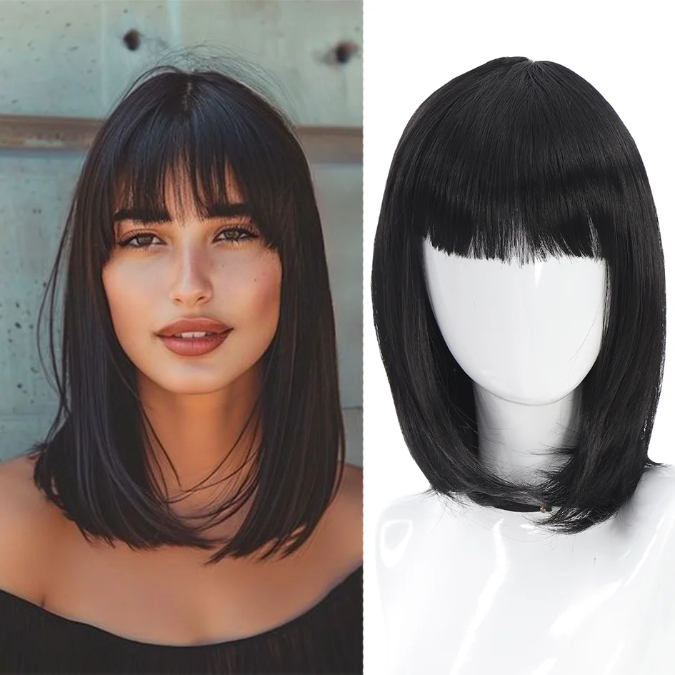 Synthetic 12inch  Short black Wig for Women Natural Black Bob Hair Wig with Bangs colour wig Daily Party Cosplay Christmas gifts
