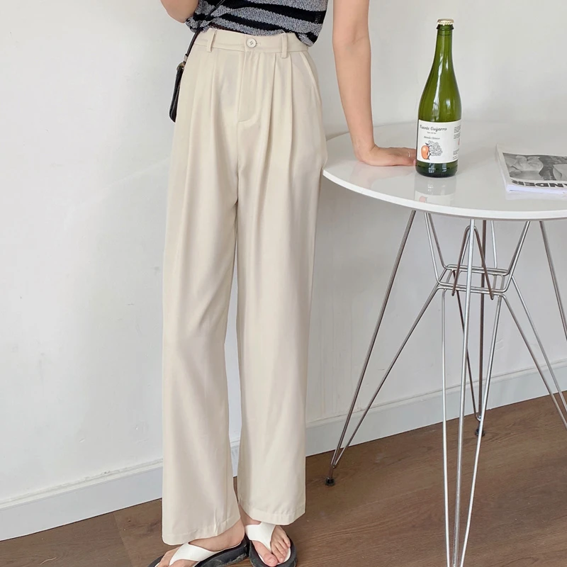 cigarette pants Wide Leg Loose Suit Trousers Women's High Waist Summer Drape Elegant Straight Casual Pants Cotton Button New Office Pant Female white capri pants