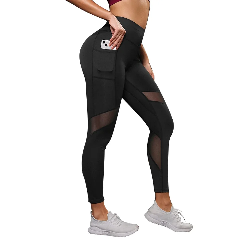 Sports Leggings Yoga Pants Women Mesh High Waist With Pockets Tummy Control Workout