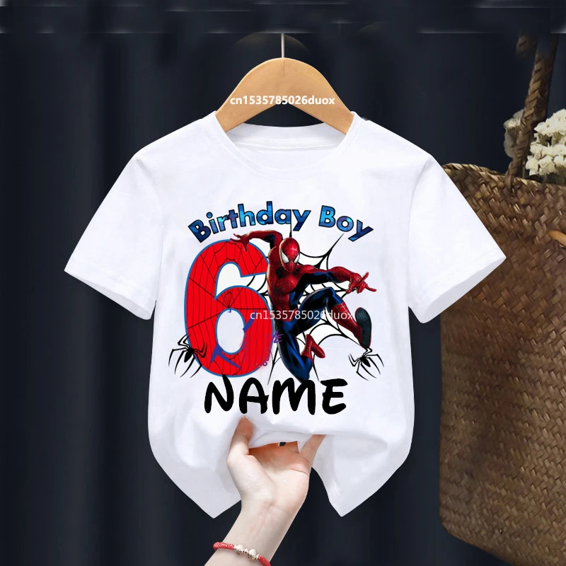 Summer 2025 Kid 2 3 4 5 6 7 8 Marvel Spiderman Girl Birthday Short Sleeve Shirt Spiderman Personalize Name Birthday Boy T-shirt 3