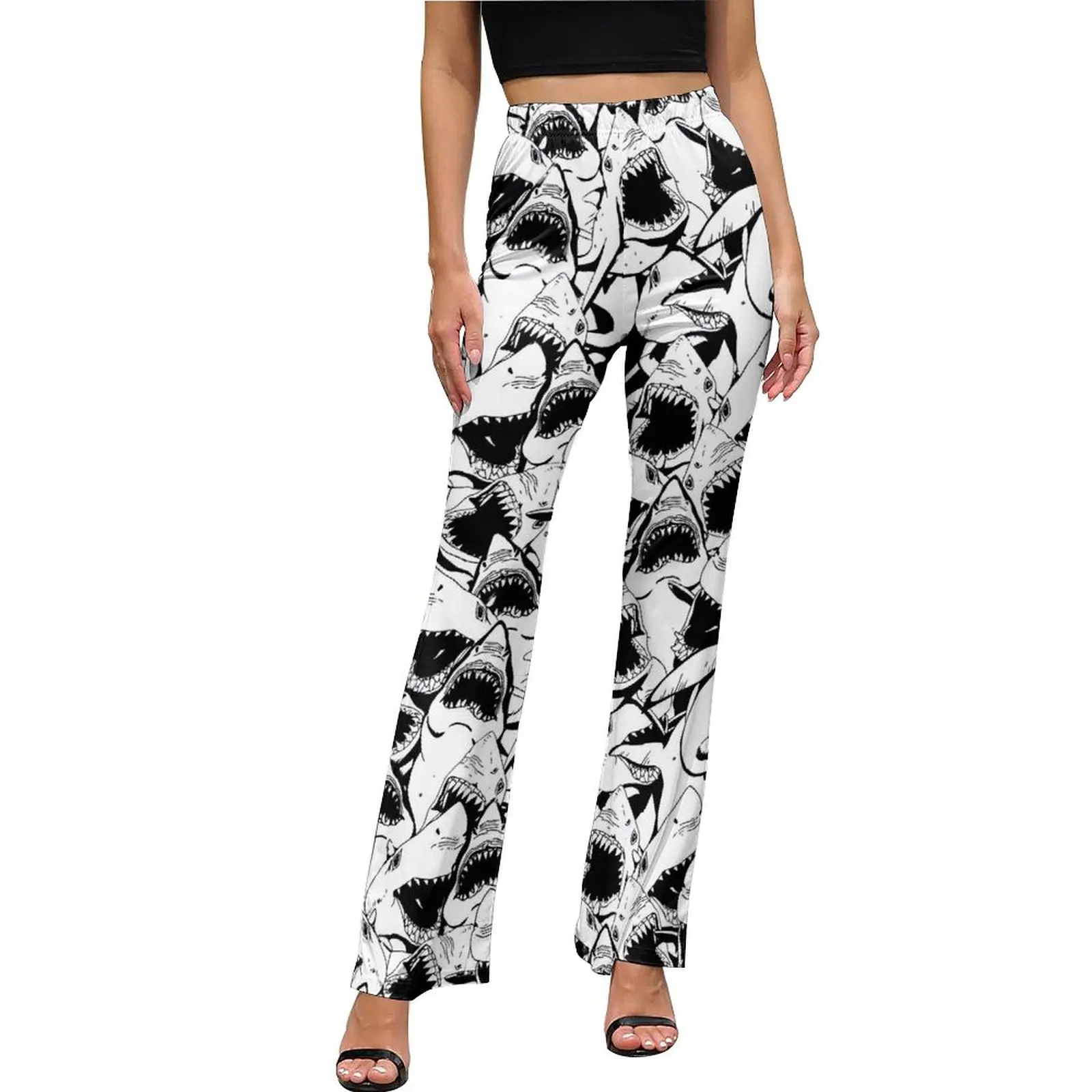 

Great White Sharks Casual Pants Summer Black and White Sexy Custom Flared Trousers High Waisted Slim Stretch Streetwear Pants